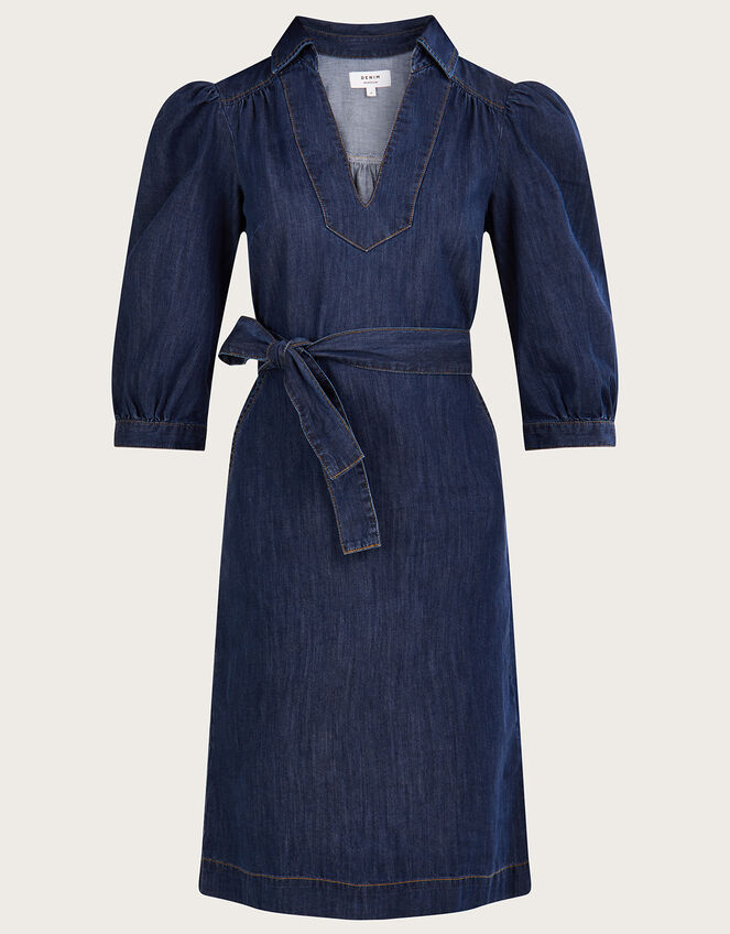 Denim V-Neck Belted Midi Dress, Blue (DENIM BLUE), large