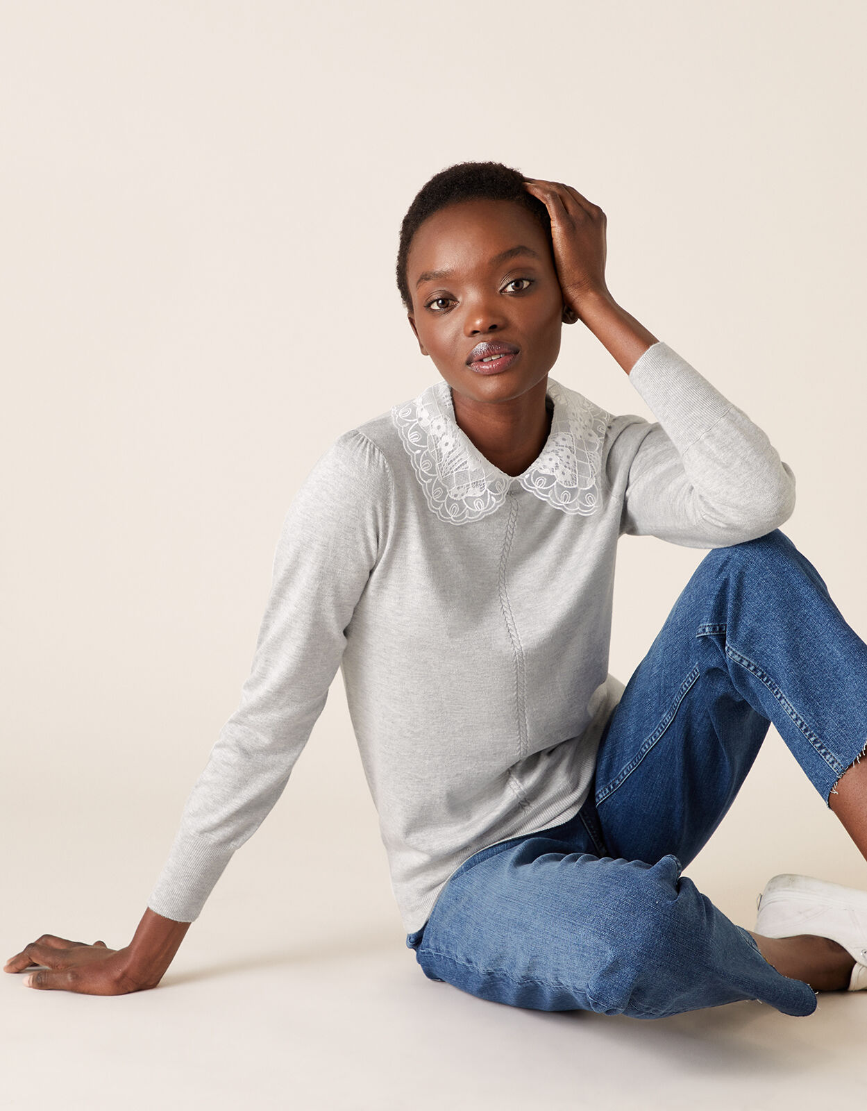 Lace Collar Jumper Grey Jumpers Monsoon Global