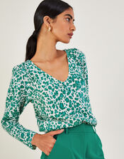 Animal Print V-Neck Jumper with Recycled Polyester, Green (GREEN), large