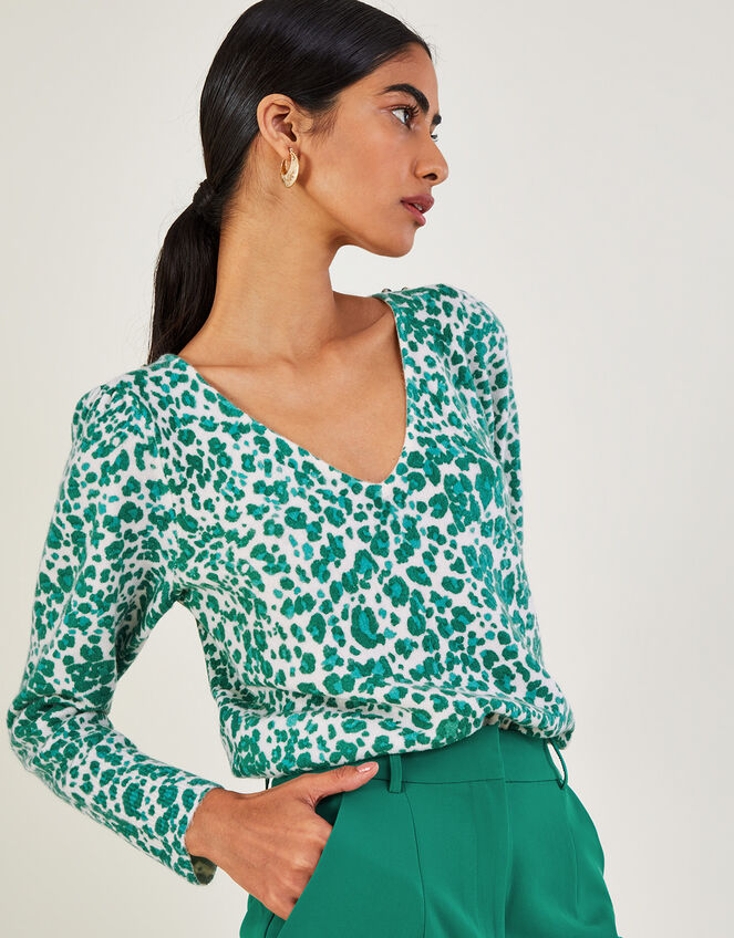 Animal Print V-Neck Jumper with Recycled Polyester, Green (GREEN), large