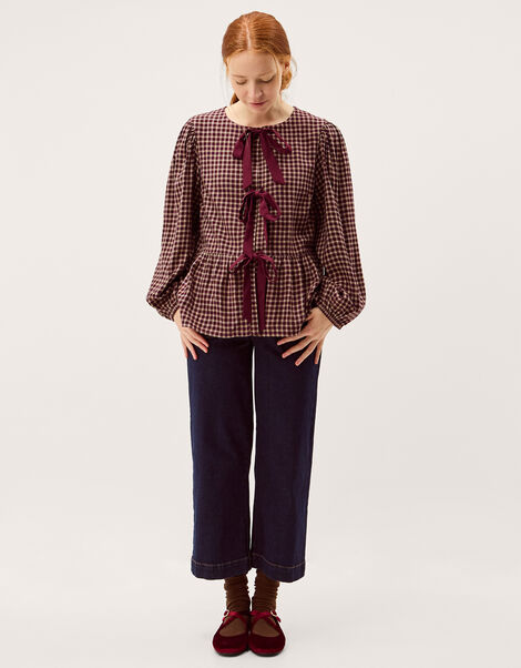 Agatha Flannel Print Tie Front Top, Red (CHERRY), large