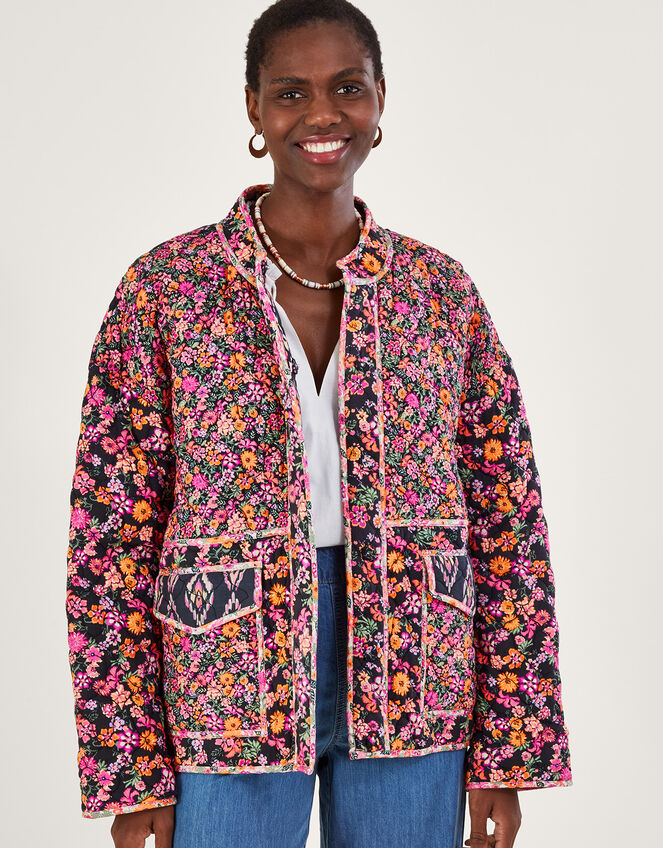 Ditsy Floral and Ikat Print Quilted Jacket in LENZING™ ECOVERO™ , Orange (ORANGE), large