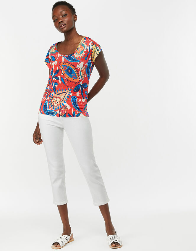 Nelly Linen Print T-Shirt , Red (RED), large