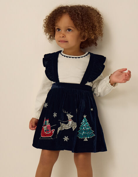 Baby Christmas Top & Velour Pinafore Dress Set , Blue (NAVY), large