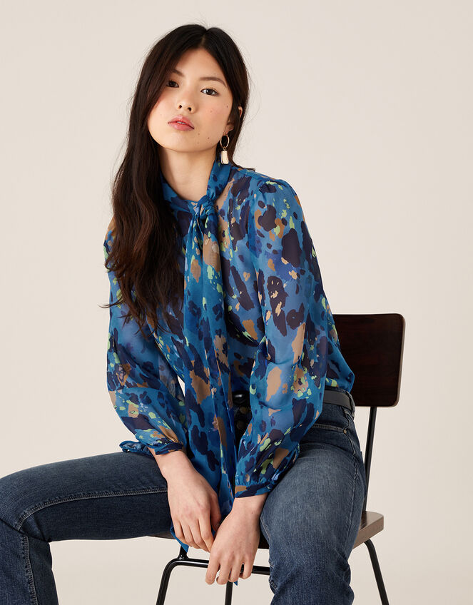 Anita Animal Print Pussybow Blouse, Blue (BLUE), large