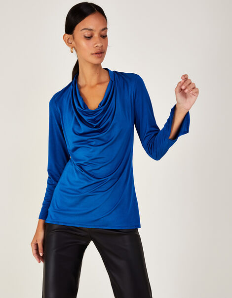 Cowl Neck Jersey Top Blue, Blue (COBALT), large