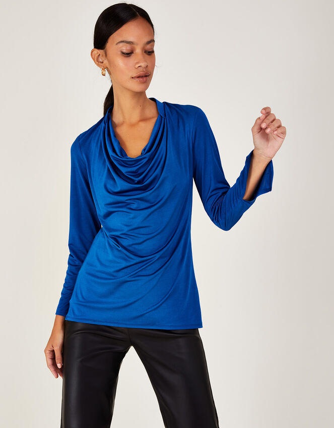 Cowl Neck Jersey Top, Blue (COBALT), large