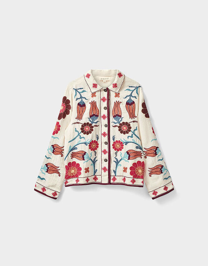 East Odeline Floral Embroidered Cotton Jacket, Ivory (IVORY), large