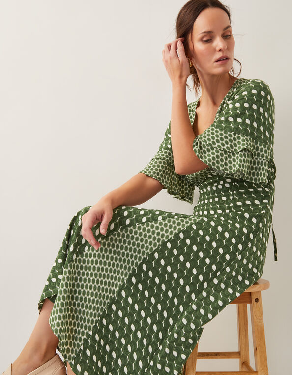 Maren Geometric Print Midi Tea Dress, Green (KHAKI), large