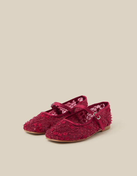 Flower Sparkle Mesh Ballet Flats, Red (BURGUNDY), large
