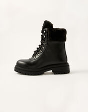 Faux Fur Trim Biker Boots, Black (BLACK), large