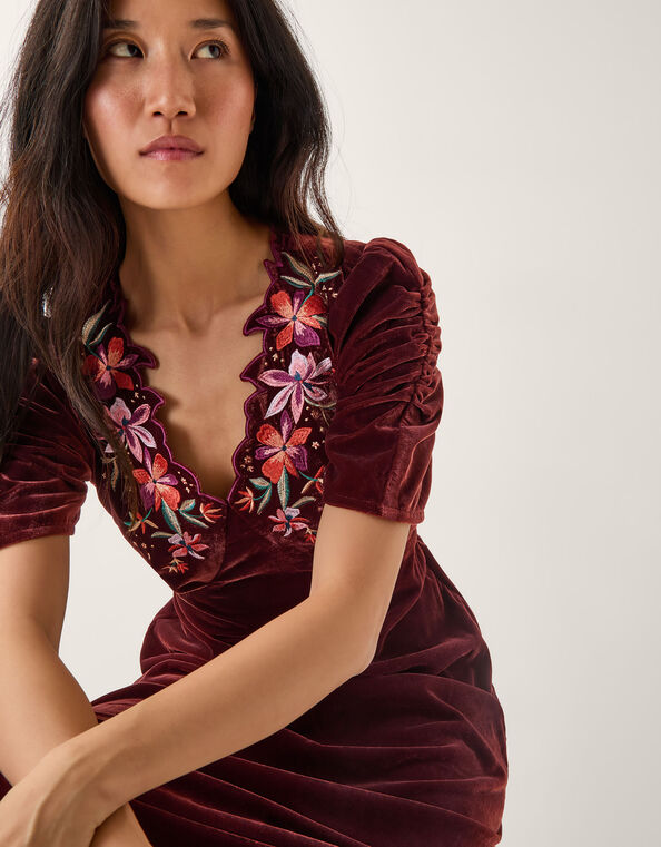 Josie Floral Embroidered Velvet Midi Dress, Copper (COPPER), large