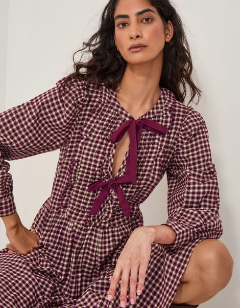 Agatha Tie Front Check Midi Dress, Red (CHERRY), large