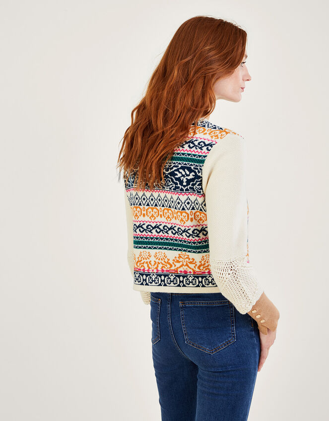 Hand Crochet Jacquard Cardigan in Sustainable Cotton, Ivory (IVORY), large