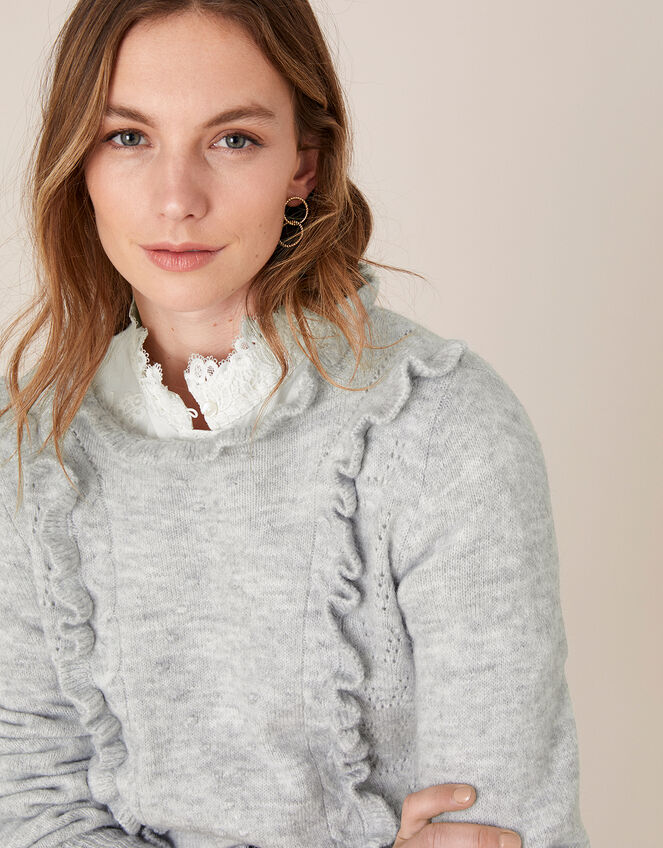 Ruffle Pointelle Knit Jumper, Grey (GREY), large