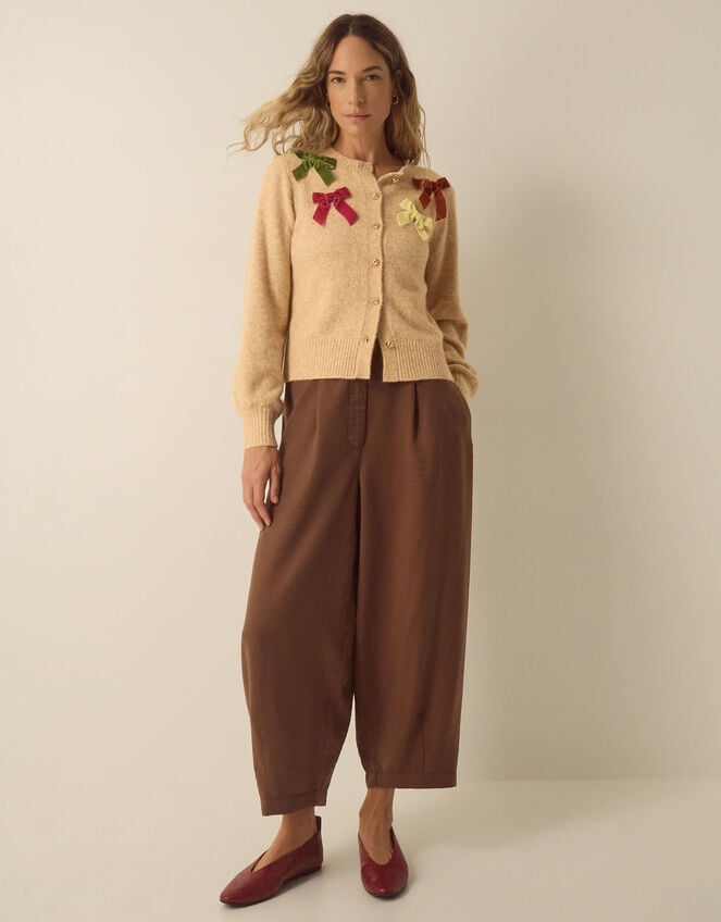 Mila Bow Embellished Crew Neck Cardigan, Natural (NATURAL), large