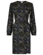 Printed Long-Sleeve Short Dress, Black (BLACK), large