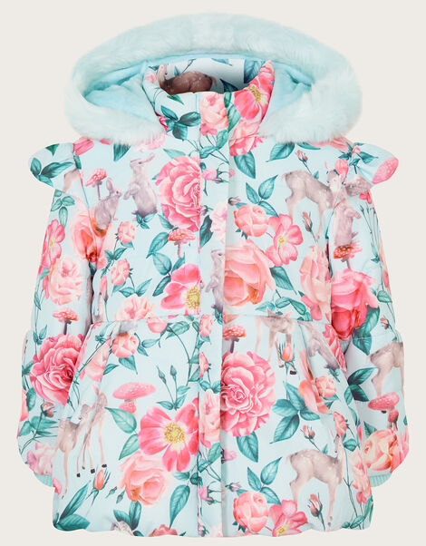 Baby Woodland Print Frill Padded Coat, Blue (AQUA), large