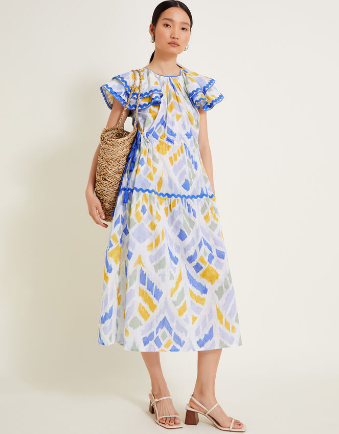 Myla Geometric Print Ruffle Dress, Blue (BLUE), large