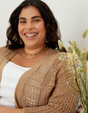 Pointelle Kimono Cardigan with Recycled Polyester, Camel (OATMEAL), large
