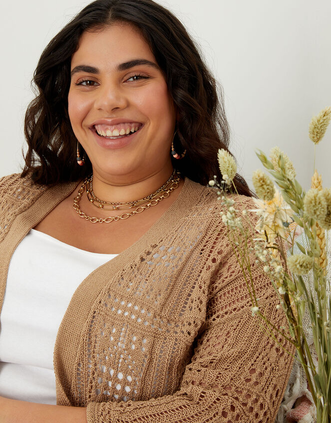 Pointelle Kimono Cardigan with Recycled Polyester, Camel (OATMEAL), large