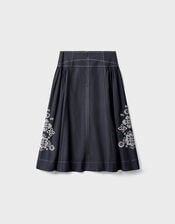 East Cora Floral Embroidered Cotton Twill Skirt, Blue (NAVY), large