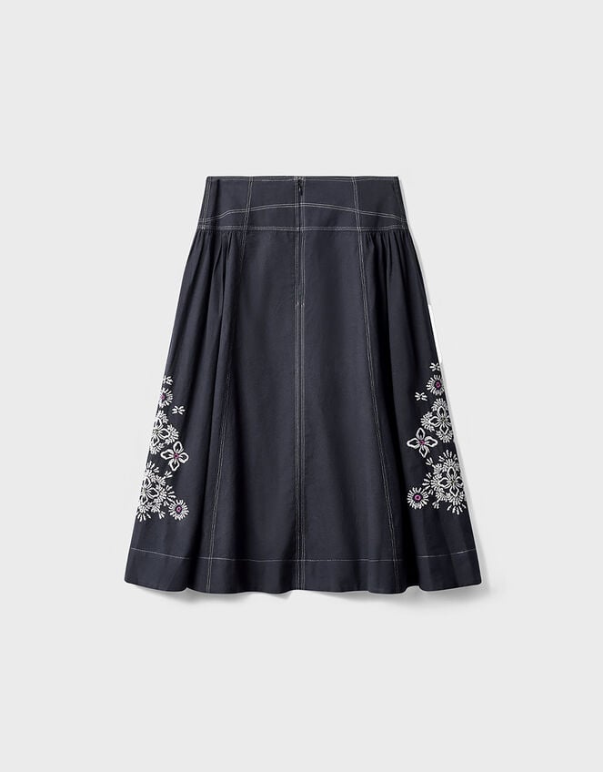 East Cora Floral Embroidered Cotton Twill Skirt, Blue (NAVY), large