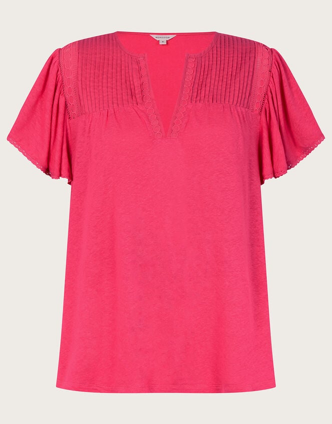 V-Neck Woven Top in Linen Blend, Pink (PINK), large