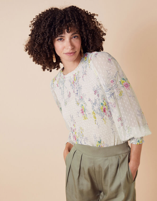 Blossom Print Shirred Blouse, Ivory (IVORY), large