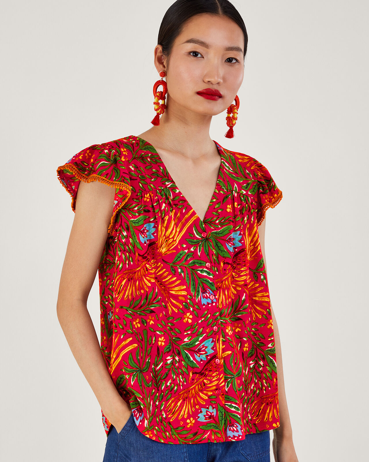 Leaf Print Jersey Top in Linen Blend Red Tops T shirts