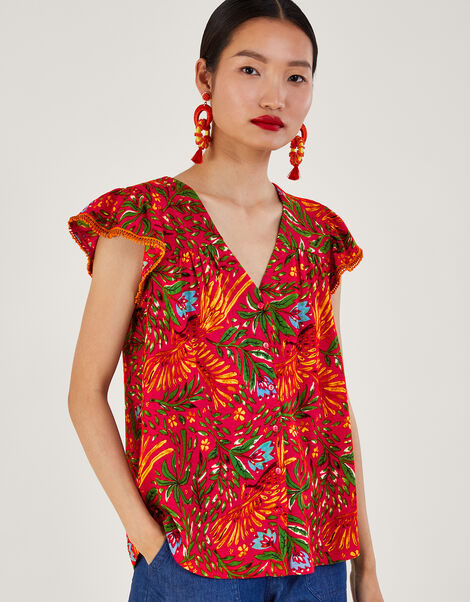 Leaf Print Jersey Top in Linen Blend, Red (RED), large
