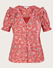 Puff Sleeve Floral Jersey Top with Sustainable Cotton, Red (RED), large