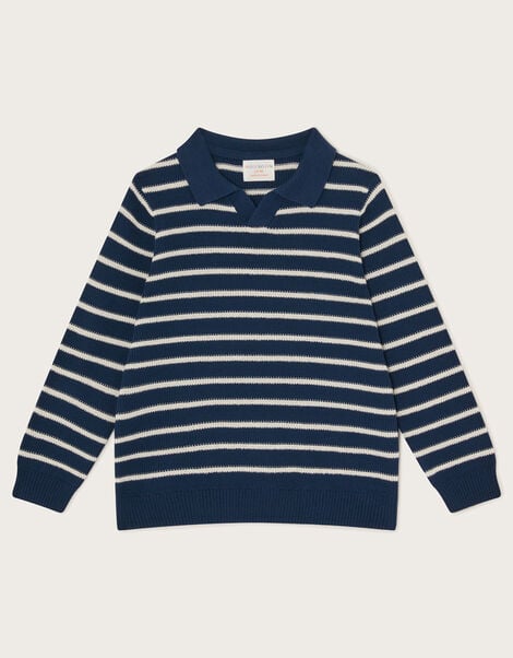 Stripe Knit Polo Jumper, Blue (NAVY), large