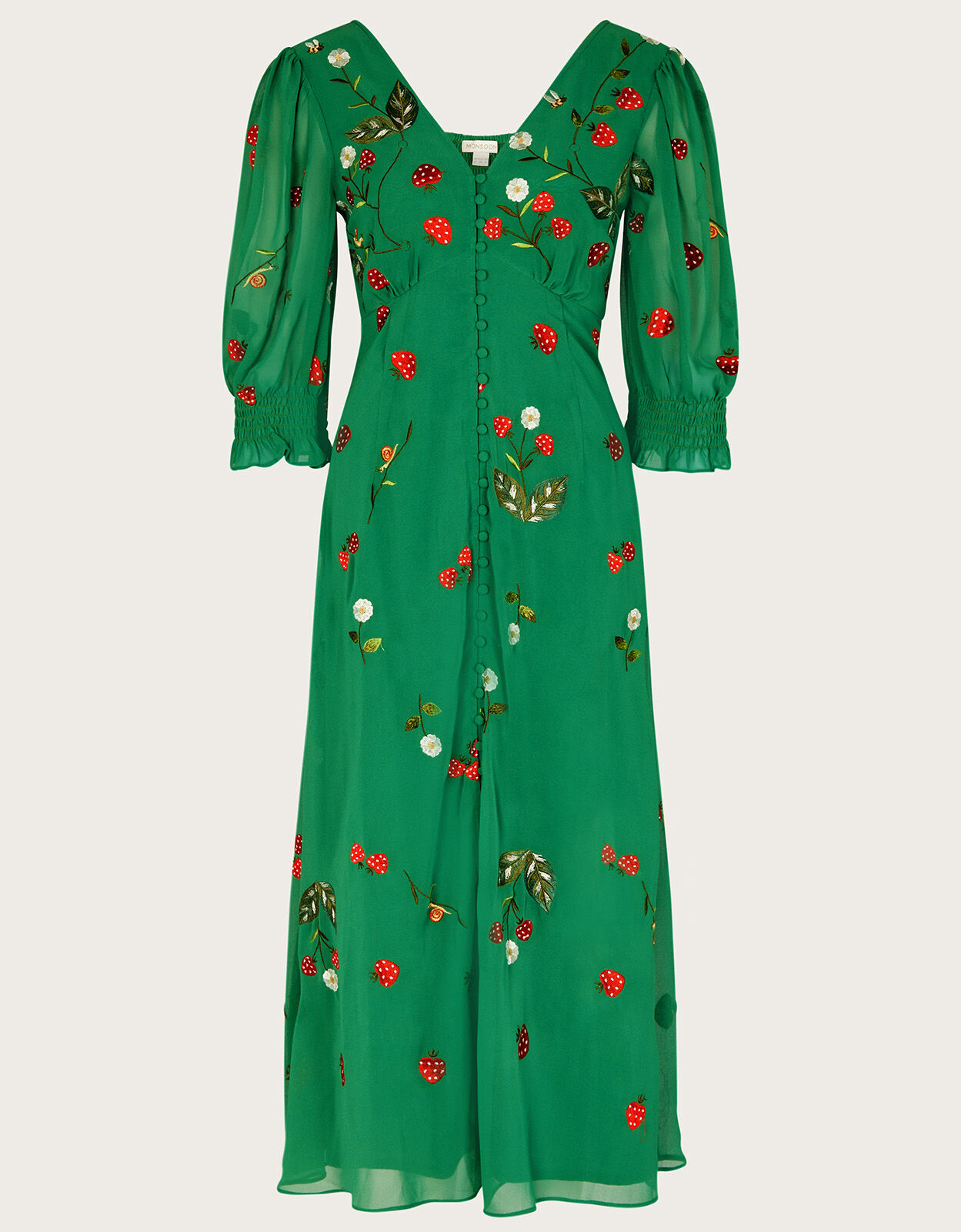 Simone Button Through Embroidered Dress in Recycled Polyester Green