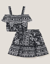 Tile Print Top & Skirt Set, Black (BLACK), large