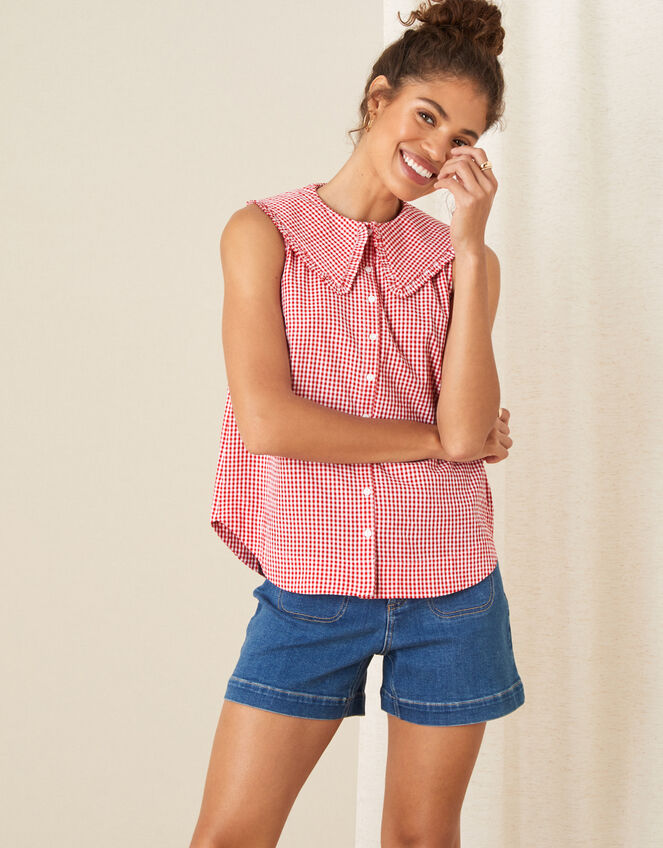 Gingham Sleeveless Top, Red (RED), large