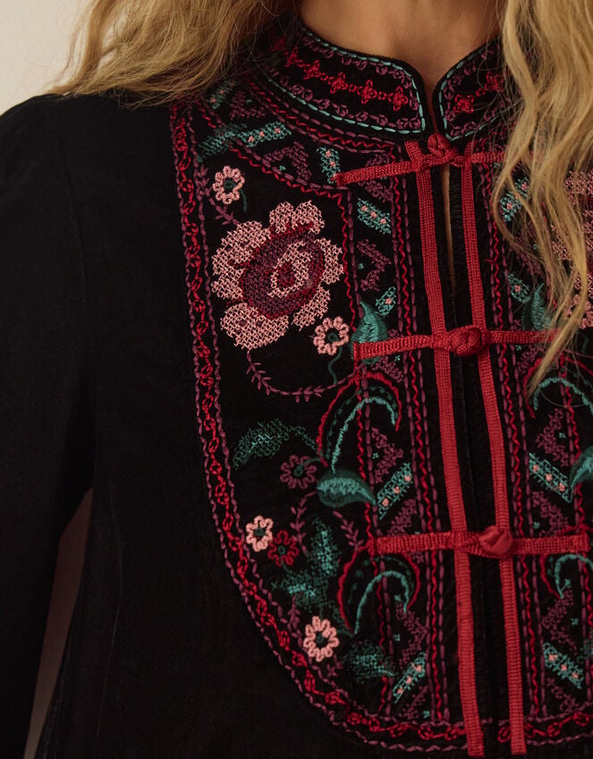 Agnes Long Sleeve Floral Embroidered Velvet Top, Black (BLACK), large
