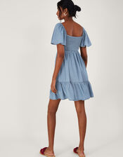 Embroidered Short Denim Dress, Blue (DENIM BLUE), large
