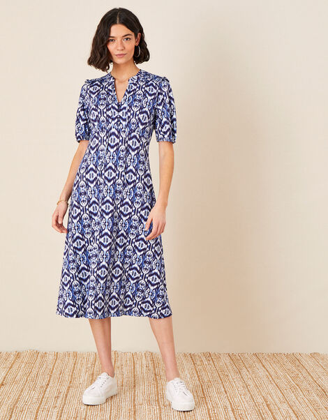Ikat Printed Jersey Midi Dress Blue, Blue (BLUE), large