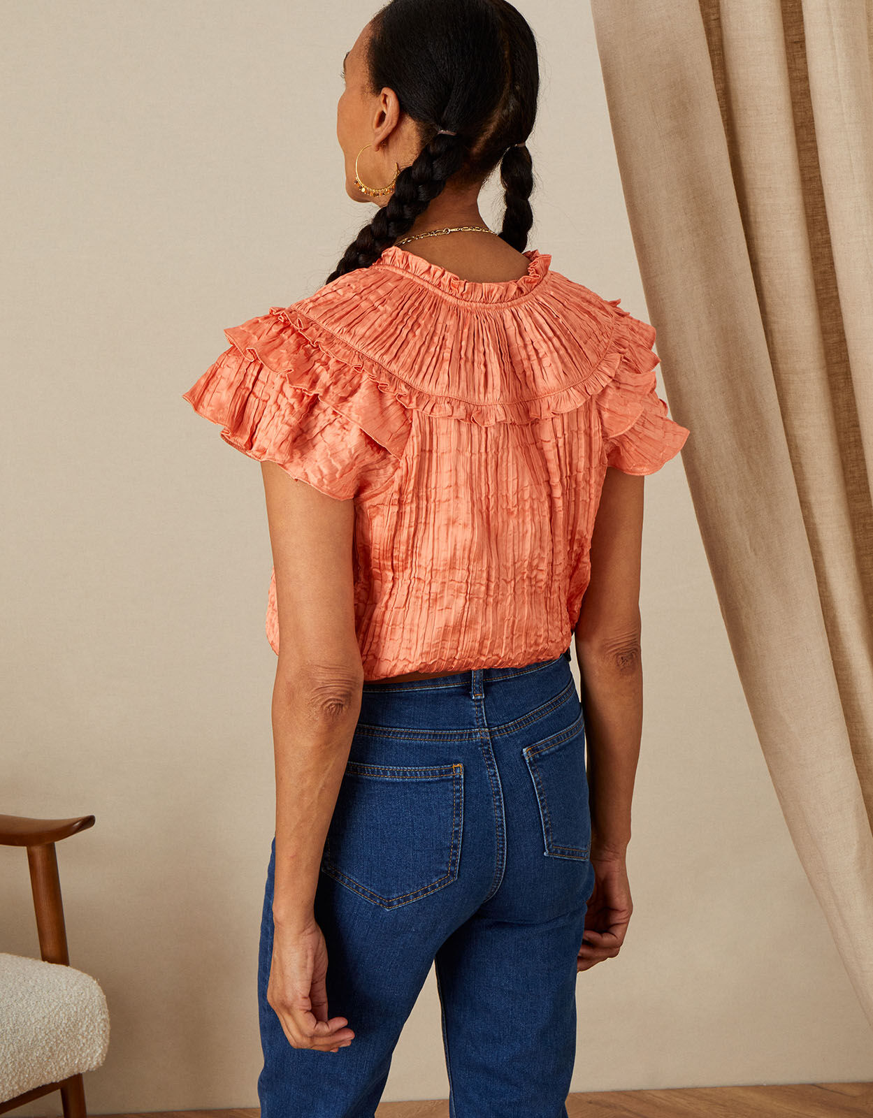 Crinkle Frill Top with Recycled Polyester Orange