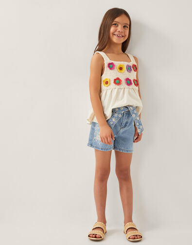 Floral Embroidered Belted Denim Shorts, Blue (BLUE), large