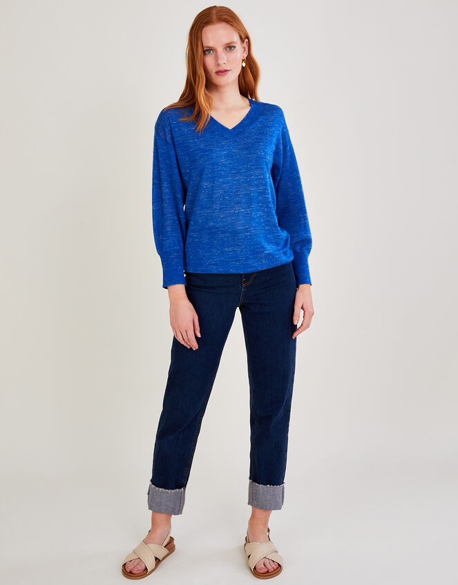 V-Neck Jumper in Linen Blend, Blue (COBALT), large