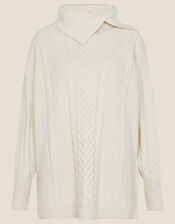 Statement Split Neck Cable Knit Jumper, Cream (CREAM), large