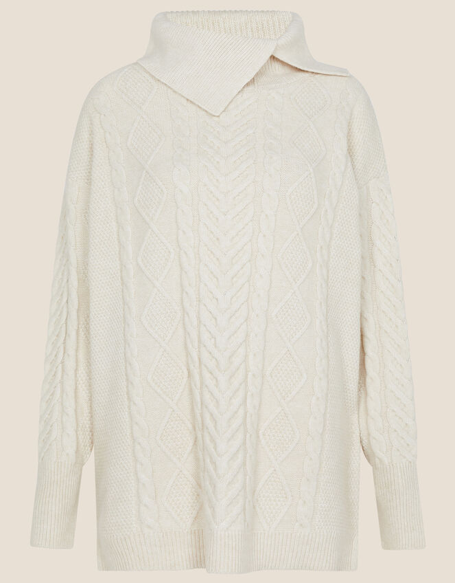 Statement Split Neck Cable Knit Jumper, Cream (CREAM), large