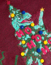 Dino Christmas Tree Crew Neck Jumper, Red (BURGUNDY), large