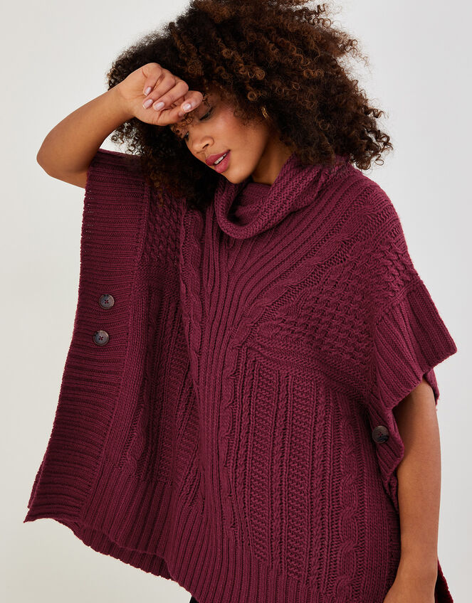 Cowl Neck Poncho, Red (BERRY), large