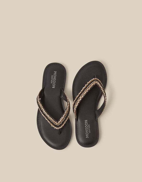 Harper Beaded Leather Flip Flops, Black (BLACK), large