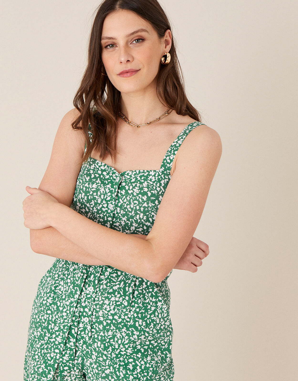 Printed Jumpsuit in Linen Blend Green