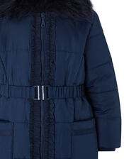 Ruffle Belted Padded Coat with Recycled Fabric, Blue (NAVY), large