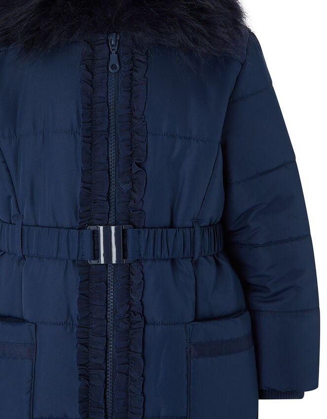 Ruffle Belted Padded Coat with Recycled Fabric, Blue (NAVY), large